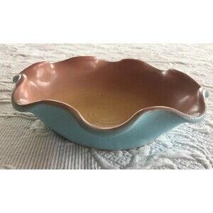 Dryden Pottery Bowl Signed Original Paper Label Blue Tan Ruffled All American